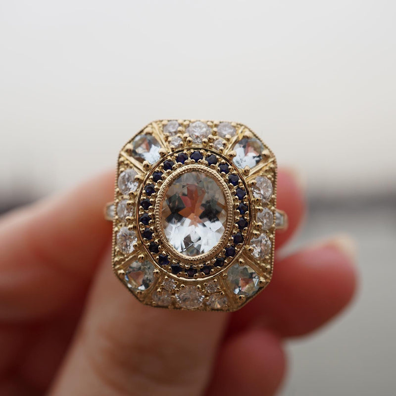 Emily's Art Deco Aquamarine Diamond And Sapphire Ring